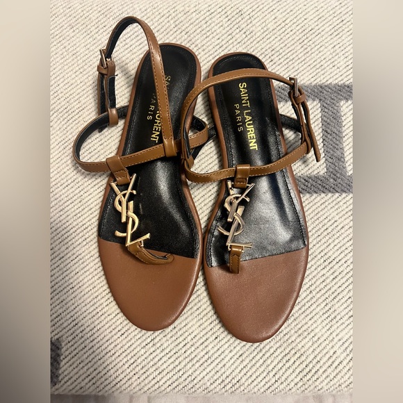 Yves Saint Laurent Shoes - Yves Saint Laurent Brown and Black Logo T-Strap Sandals